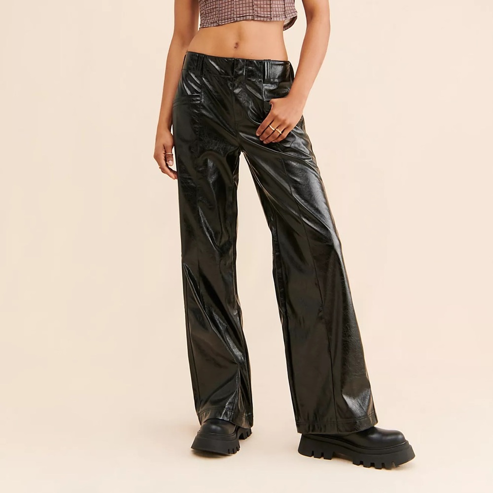 Free People Black High-Shine Wide Leg Faux Leather Pants